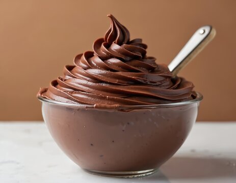 Smooth chocolate buttercream frosting piled high in a clear glass bowl. A metal spoon rests in the rich, decadent dessert. Perfect for baking and sweet treat inspiration. - Powered by Adobe