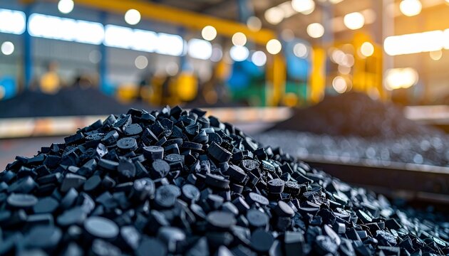 Pile of black plastic pellets ready for industrial manufacturing with factory interior.