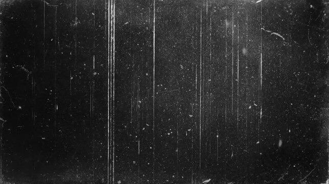 Abstract grunge fast motion background with white scratches and dust on black screen, retro film damage overlay for video editing, vintage cinema texture with noise and grain