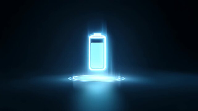 Futuristic illuminated battery icon with glowing energy bars on a dark background representing power and technology advancement