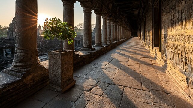 Sunlight streams down a colonnaded corridor. Carved walls & pillars guide the eye to a sunburst. A potted plant sits in the foreground - Powered by Adobe