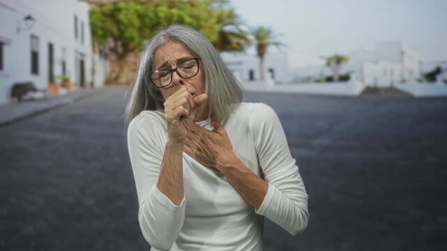 Woman coughing into fist and clutching chest for heartattack on a city street with white buildings and palm trees; health emergency distress.