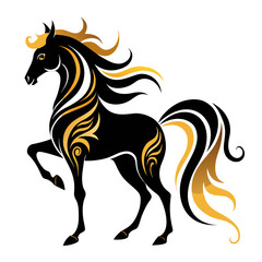 Stylized Black Horse with Golden Mane and Swirls