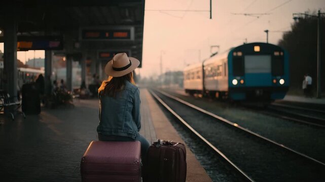 Woman in hat sitting on luggage at train station platform, watching an approaching train at sunset, travel concept