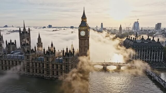 Big ben and houses of parliament shrouded in morning fog video
