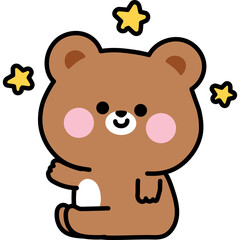 Cute cartoon brown bear with pink cheeks and yellow stars on a transparent background a simple and adorable illustration