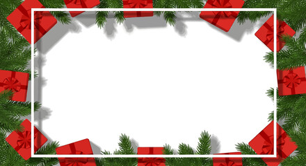 Capture the holiday spirit with this festive frame! Red gift boxes and green pine branches create a joyful Christmas atmosphere for your seasonal designs and marketing.