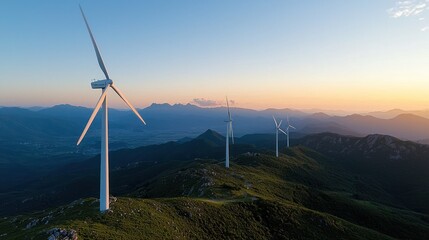 A scenic aerial view captures wind turbines atop a mountain ridge at sunset, silhouetted against a colorful sky
