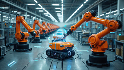Robotic arms, autonomous mobile robot work together in modern automated factory. Industry 4. 0 concept with digital data flow for optimized production processes. Futuristic smart manufacturing