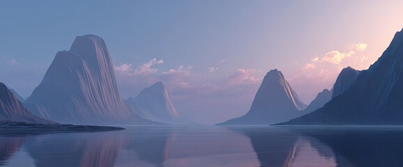 Serene mountain peaks reflected in calm water at dawn