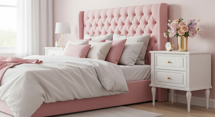 Dreamy pink tufted bed with plush pillows and elegant bedside table creates a serene bedroom oasis for ultimate relaxation and luxurious comfort
