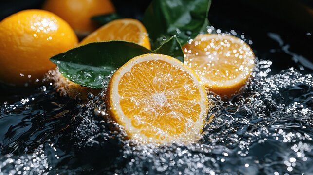 Close-up of sliced, whole oranges with green leaves being splashed by water, showcasing the vibrant fruit