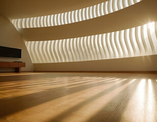 Obraz premium Illuminated wavy lines representing airflow or purified air move across a sunlit interior space.