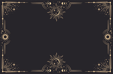 Vector black celestial frame with stars, sun and a copy space. Banner with an elegant border and a place for text