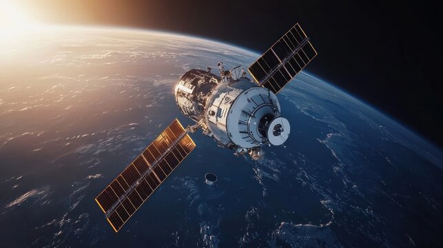 A detailed image of a satellite in orbit with solar panels, a detailed body and Earth in the background, lit by the sun