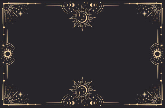 Vector black celestial frame with stars, sun and a copy space. Banner with an elegant border and a place for text