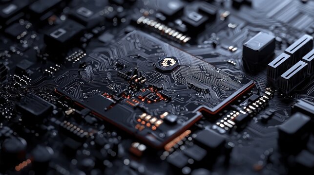 A close-up showcases a circuit board with complex wiring, small components, and a central processing unit lit up