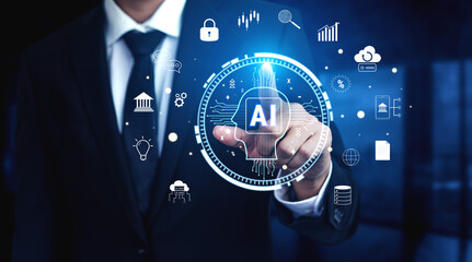 The role of AI in FinTech and modern business. A concept of using artificial intelligence for banking, investment, and data analysis solutions. Motif