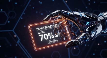 A robotic hand holding black friday sale card with seventy percent off on a futuristic background
