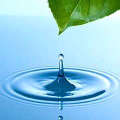Close-up of a leaf and a water droplet creating ripples on a blue surface