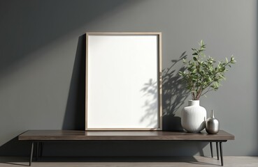 Obraz premium Minimalist interior scene featuring an empty mockup frame on a dark wooden bench against a grey wall. A white vase with green branches and a silver bottle sit nearby, casting soft shadows.