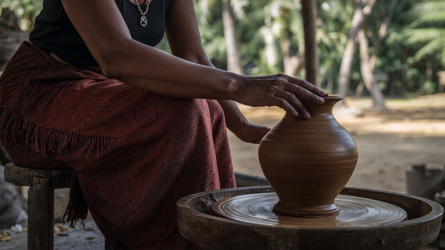 Burmese Woman Making Clay Pot in Open Village Workshop