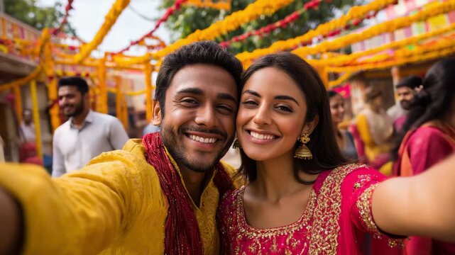 Happy Indian Couple Taking Selfie at Traditional Festival Celebration