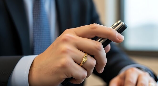 Man in suit holding a phone with a gold ring on his finger close up