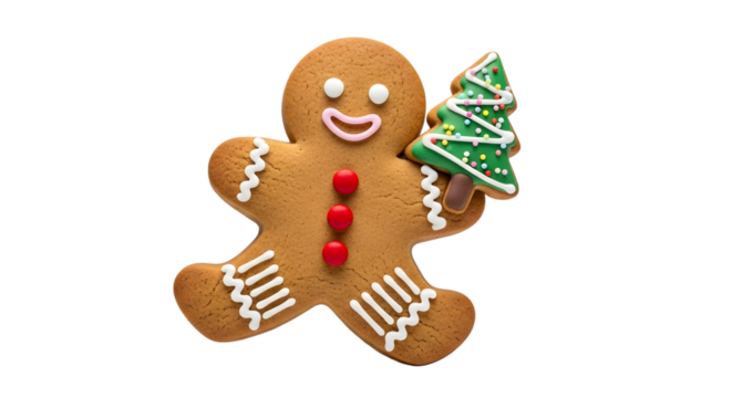 Gingerbread man holding a christmas tree isolated on transparent background