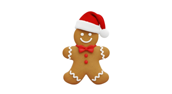 Gingerbread man with santa hat isolated on transparent background