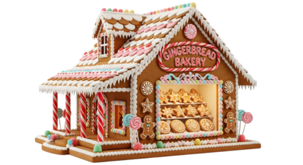 Gingerbread bakery house isolated on transparent background