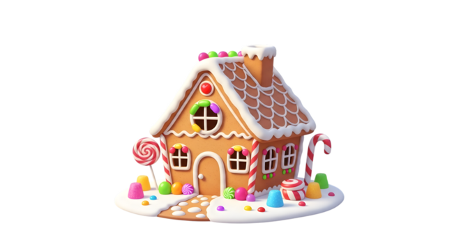 Decorated gingerbread house isolated on transparent background