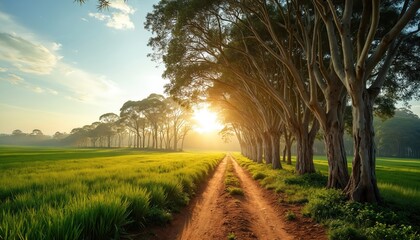 Dusty dirt path goes through a vibrant green field bordered by tall eucalyptus trees. Sun sets behind the trees creating a warm golden light over the landscape.