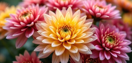 Close up of vibrant pink and yellow chrysanthemum flowers in full bloom. Delicate petals unfurl revealing intricate centers, creating a beautiful natural arrangement. A garden full of floral beauty.