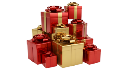 Stack of red and gold gift boxes isolated on transparent background