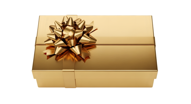 Golden gift box with ribbon isolated on transparent background