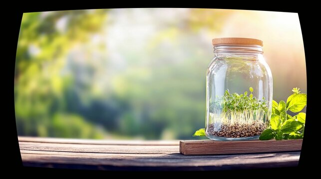 A glass jar filled with sprouting seeds and young green shoots sits on a wooden surface, bathed in sunlight, with lush greenery in the background.