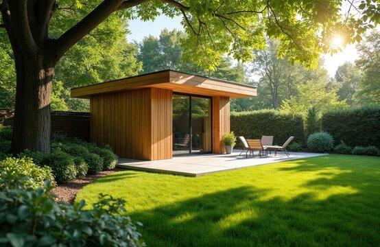 Modern wood cabin with glass doors sits on paved patio in lush green lawn. Outdoor chairs await relaxation under sunlit trees. Peaceful backyard space.