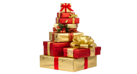 Stack of red and gold christmas presents isolated on transparent background