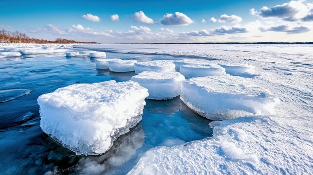 Chunks of ice float on the surface of a partially frozen lake or sea, with a clear blue sky and clouds overhead.