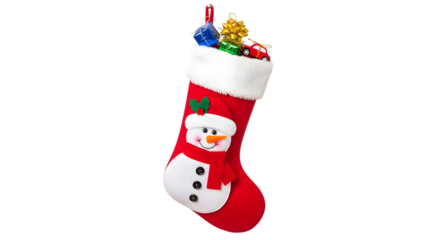 Christmas stocking filled with gifts isolated on transparent background