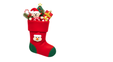 Christmas stocking filled with gifts isolated on transparent background