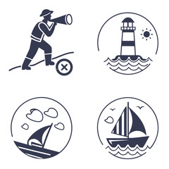 Illustration featuring a sailor with telescope, lighthouse, and sailboats in circular frames design