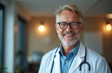 Friendly middle-aged doctor smiles warmly wearing glasses and lab coat. Physician poses confidently in modern clinic interior. Healthcare pro appears approachable and skilled.