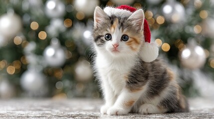 Cute fluffy calico kitten in Christmas hat sitting on floor by silver decorated Christmas tree cozy festive holiday pet portrait for greeting cards winter decor and social media