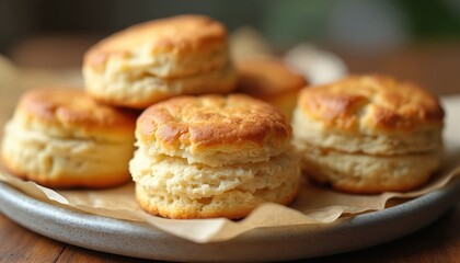 Golden brown biscuits stack on parchment paper and rustic plate. Fluffy, flaky pastry sits on wooden table perfect for breakfast or snack. Delicious homemade bake.
