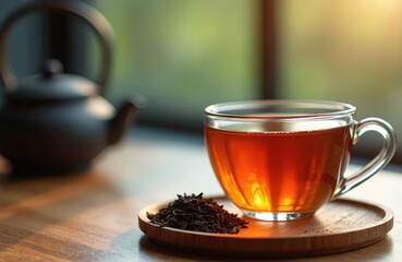 Hot black tea in clear glass cup rests on wooden saucer with dry tea leaves. Blurred dark teapot sits on wooden table by window. Warm sun shines through green foliage. Relaxing cozy moment for