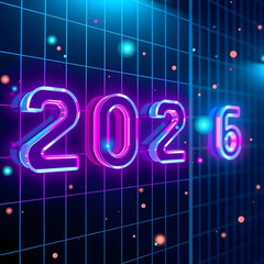 Futuristic neon glowing numbers 2026 illuminated in a digital grid with bokeh lights