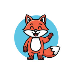 Cute fox waving hello with a friendly expression in a blue circle backdrop illustration