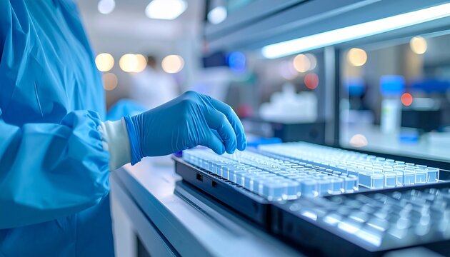 Scientist in Lab Protective Gear Working with Samples with Biotechnology Research.